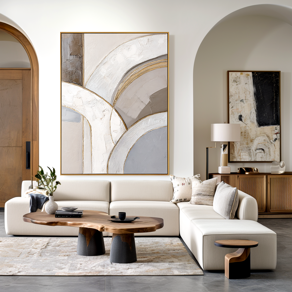 Neutral abstract textured wall art with soft arches in beige and gray tones