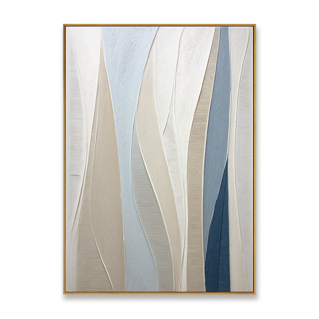 Neutral and blue abstract textured wall art with soft vertical flowing layers