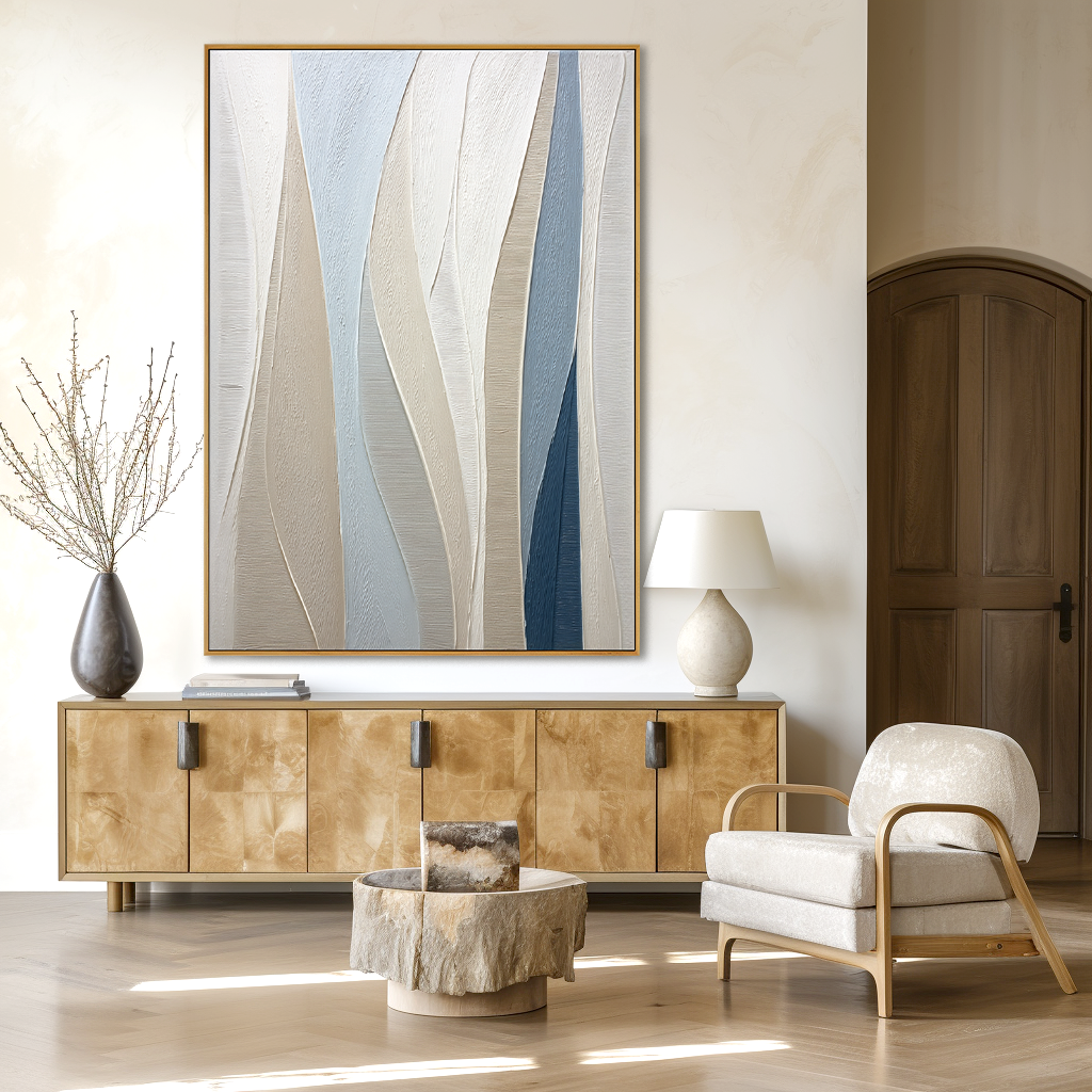 Neutral and blue abstract textured wall art with soft vertical flowing layers