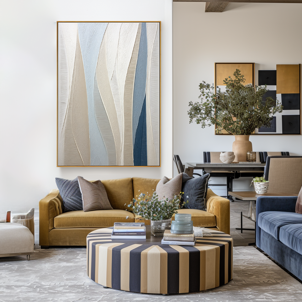 Neutral and blue abstract textured wall art with soft vertical flowing layers