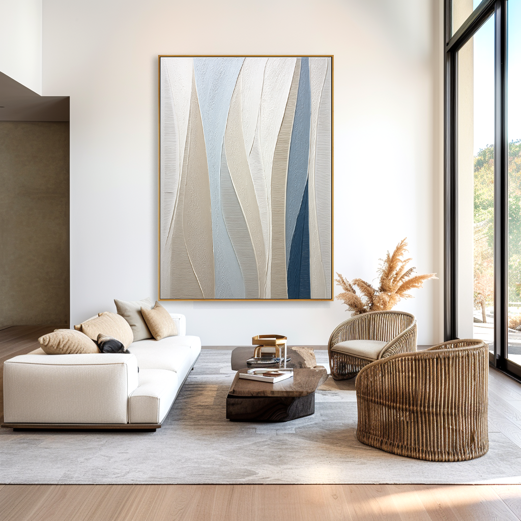 Neutral and blue abstract textured wall art with soft vertical flowing layers