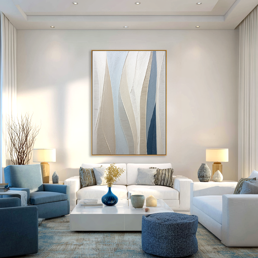 Neutral and blue abstract textured wall art with soft vertical flowing layers