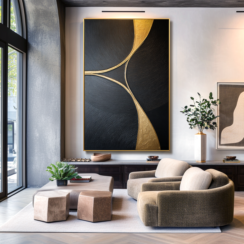 Golden Balance – Black Minimalist Abstract Wall Art