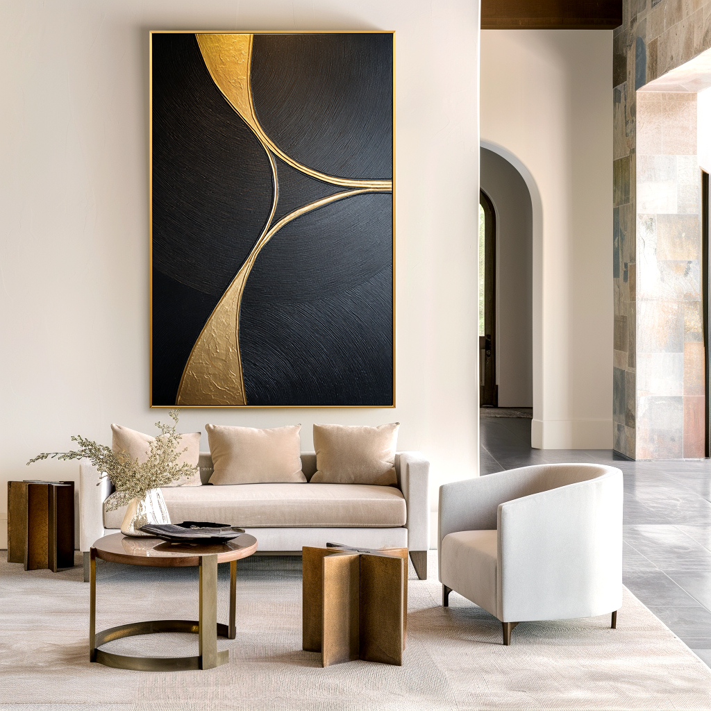Golden Balance – Black Minimalist Abstract Wall Art