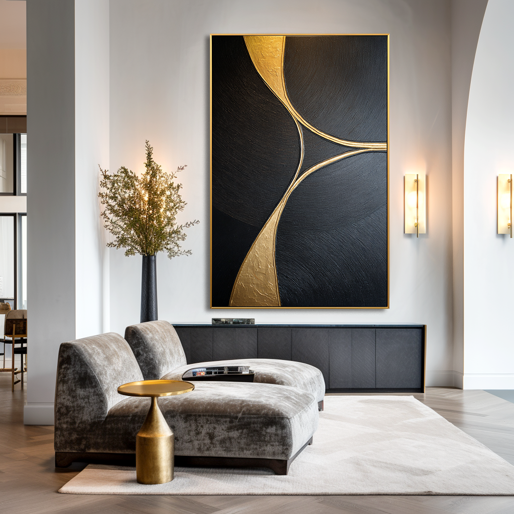 Golden Balance – Black Minimalist Abstract Wall Art