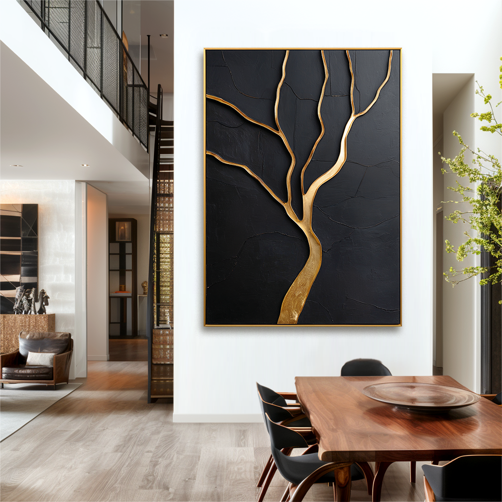 Vertical abstract tree painting with gold branches on a black textured background