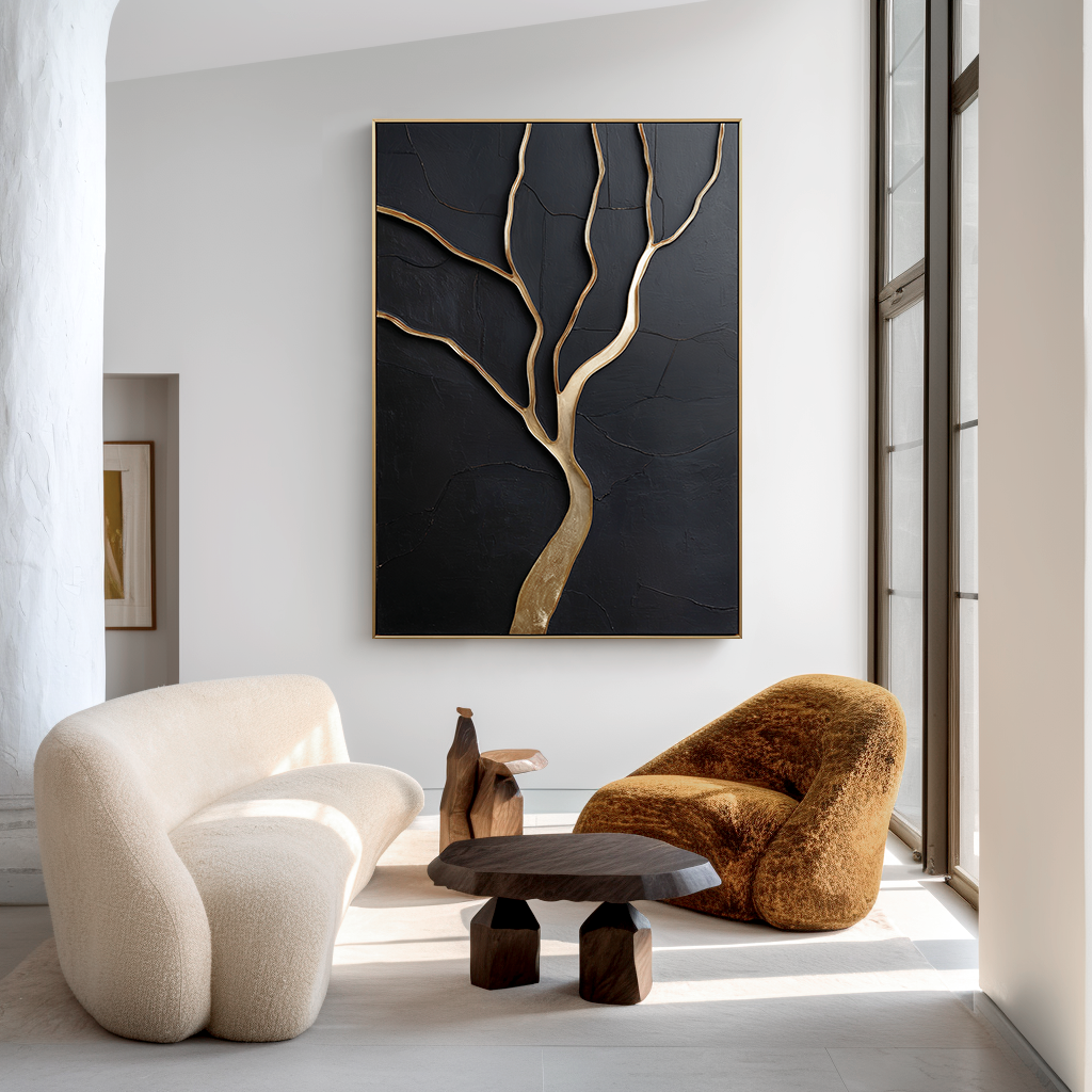 Vertical abstract tree painting with gold branches on a black textured background