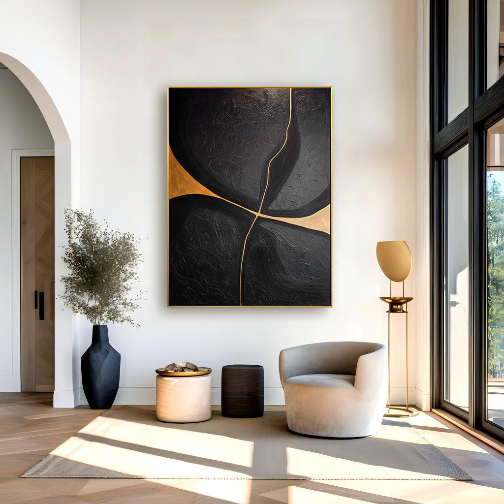 Black abstract minimalist painting with intersecting golden lines and textured surface