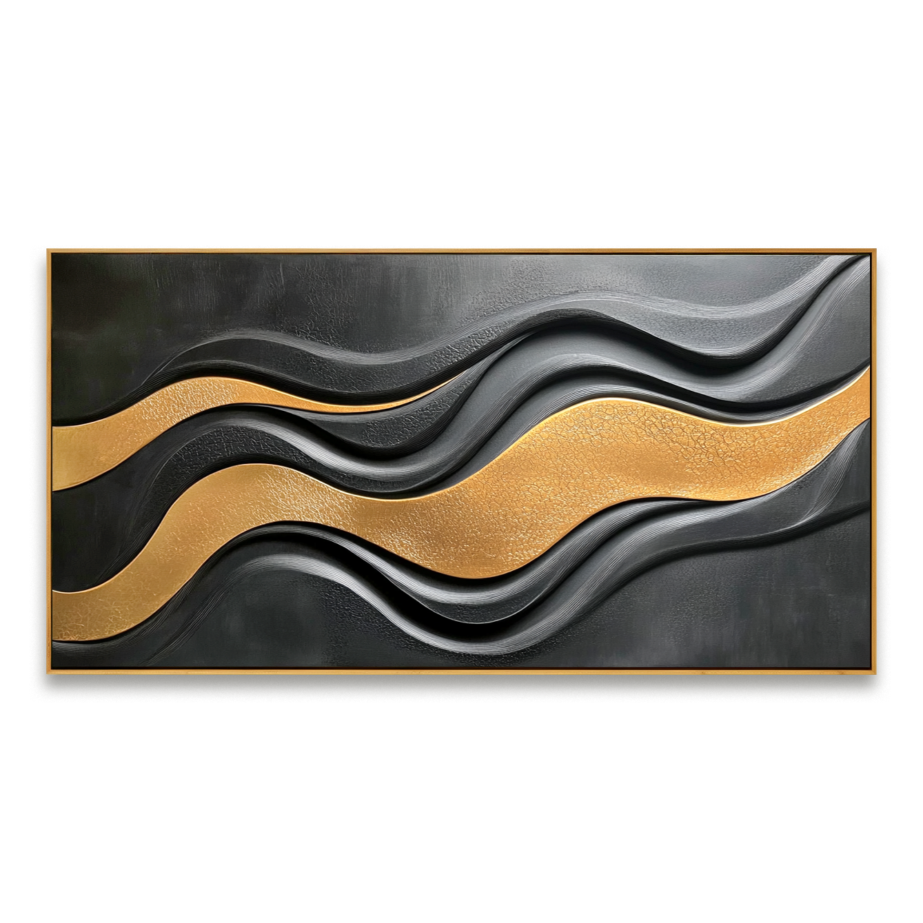 Black and gold abstract textured wall art with flowing horizontal wave lines