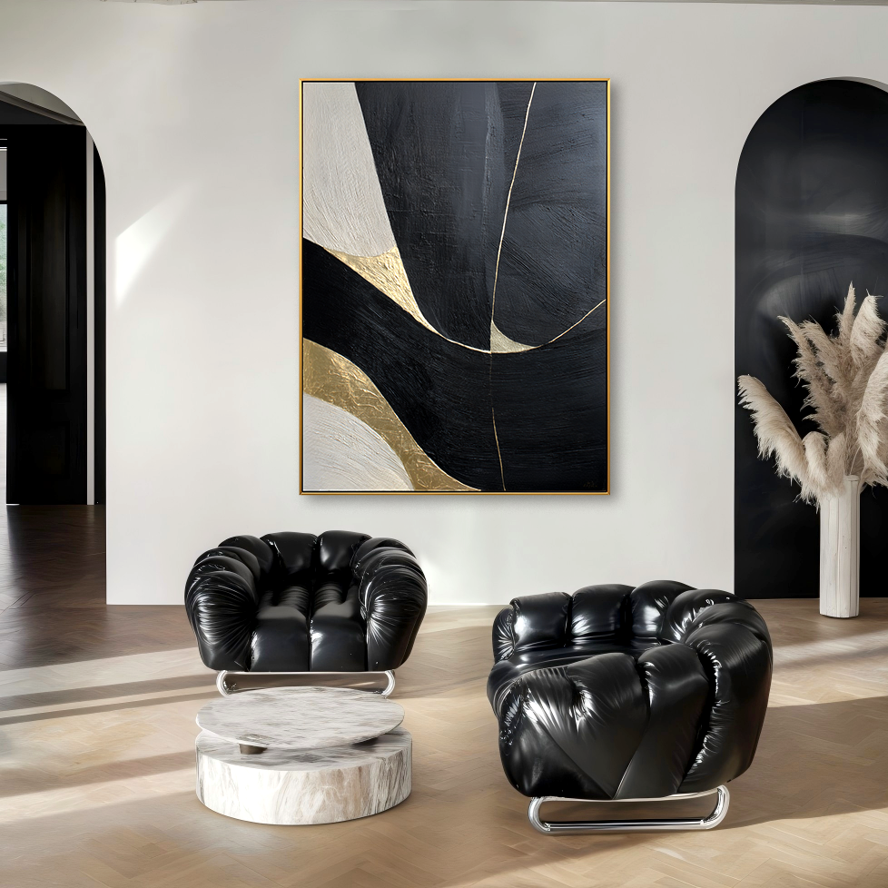 Black and white minimalist abstract painting with flowing golden lines and textured surface