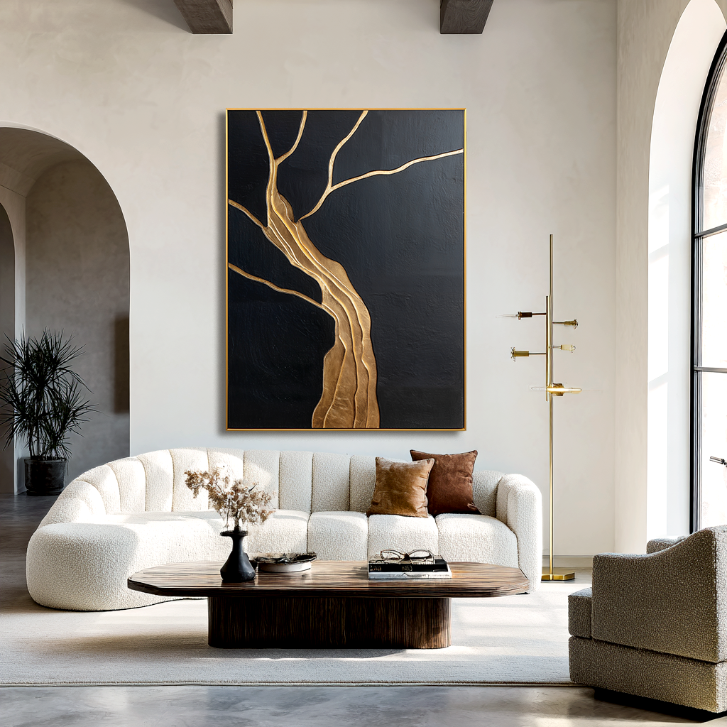 Vertical abstract gold tree painting with flowing branches on black textured background