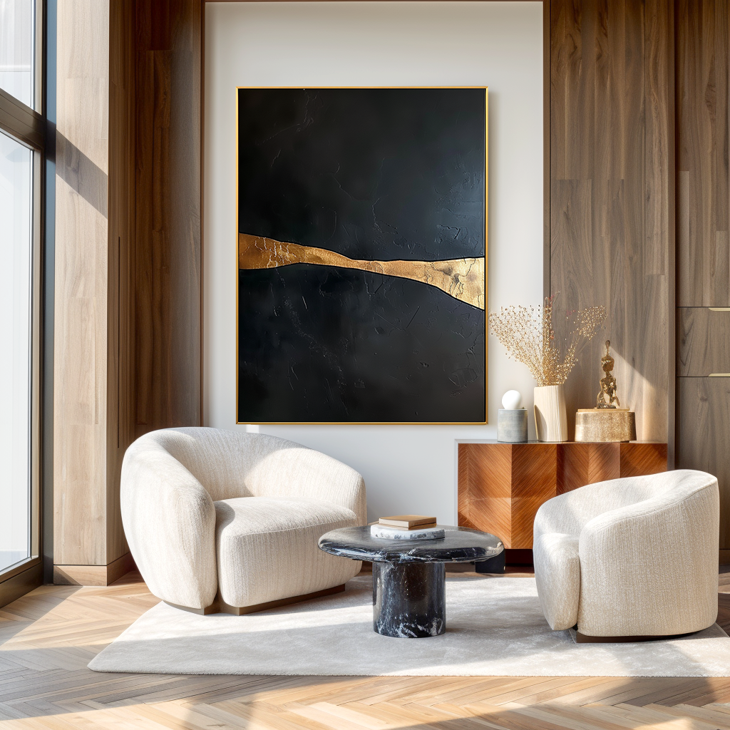 Minimalist black and gold abstract painting with a single horizontal golden line