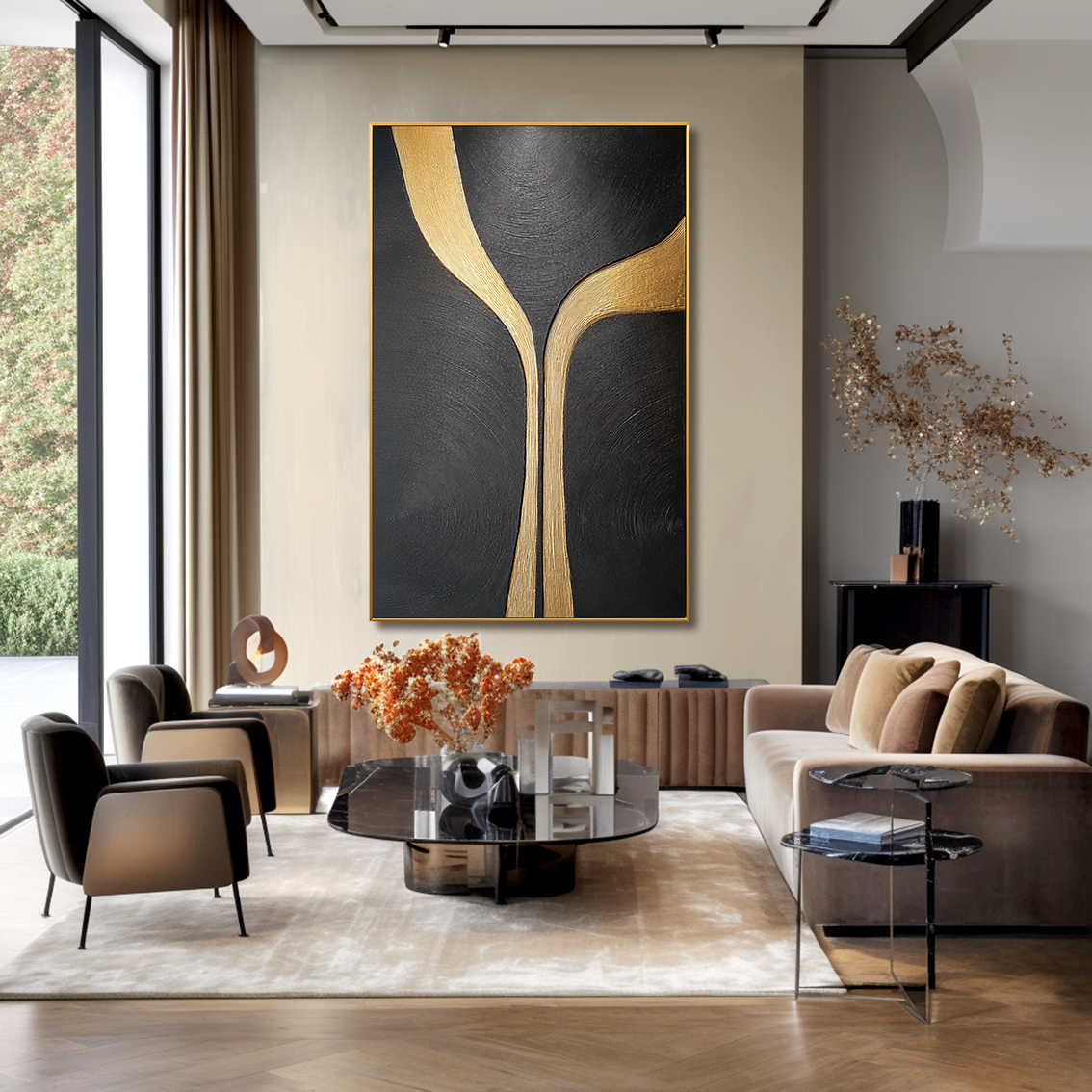 Black minimalist abstract painting with flowing vertical golden lines and textured surface