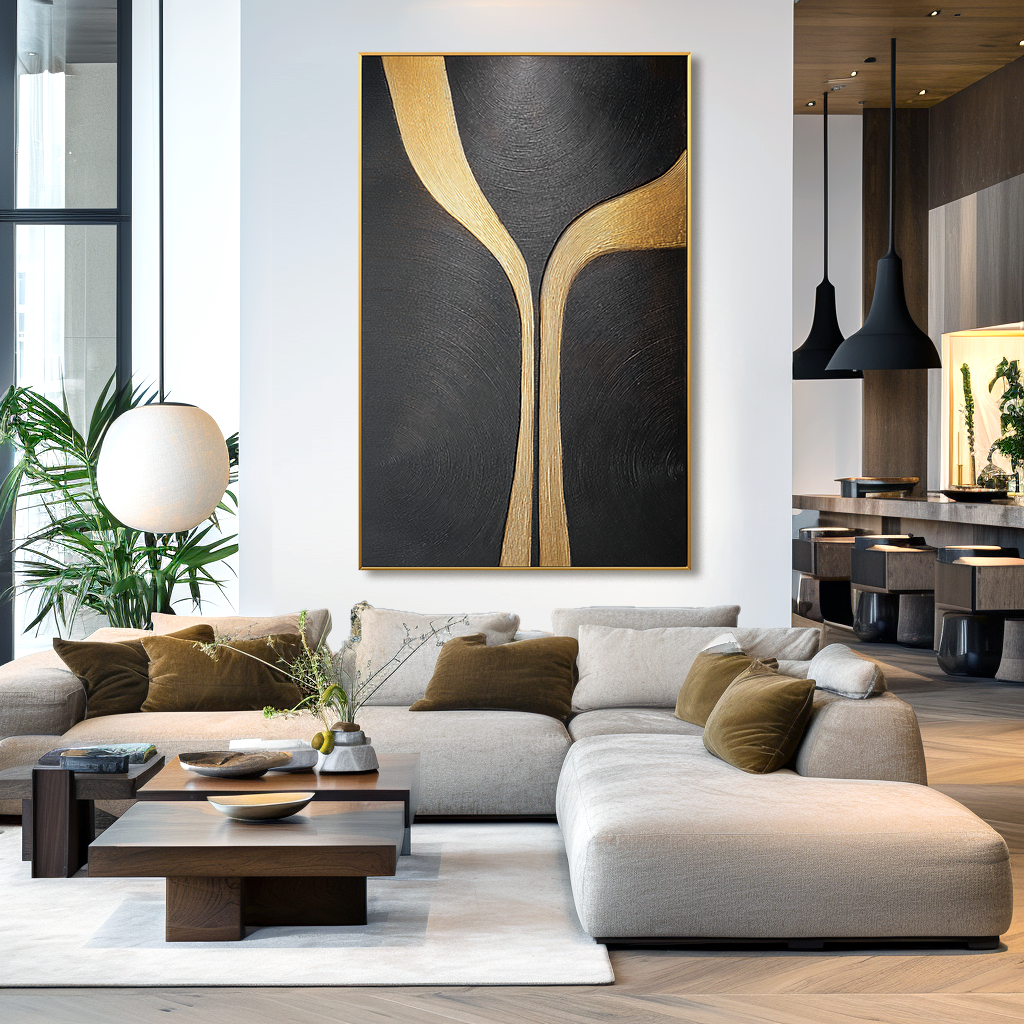 Black minimalist abstract painting with flowing vertical golden lines and textured surface