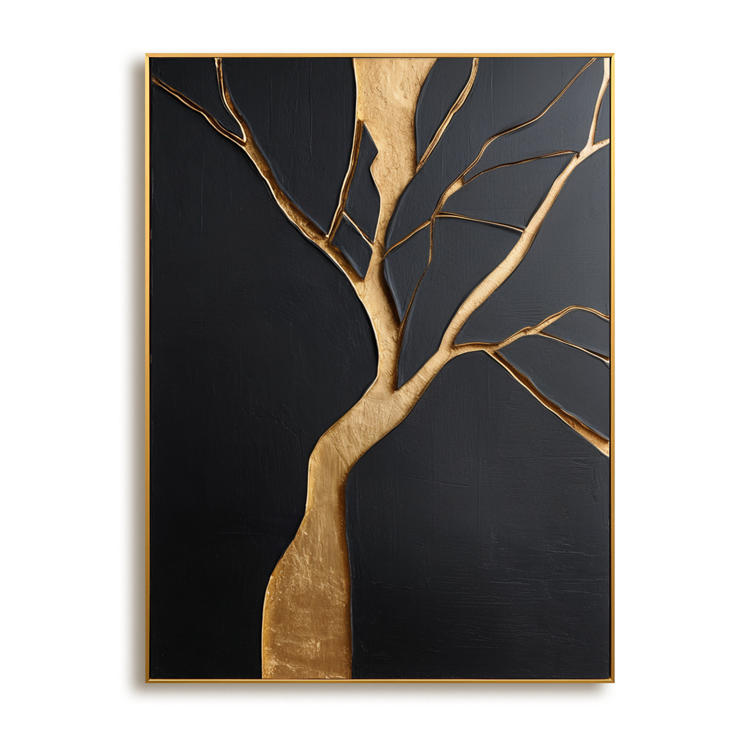 Vertical abstract gold tree painting with strong trunk on black textured background