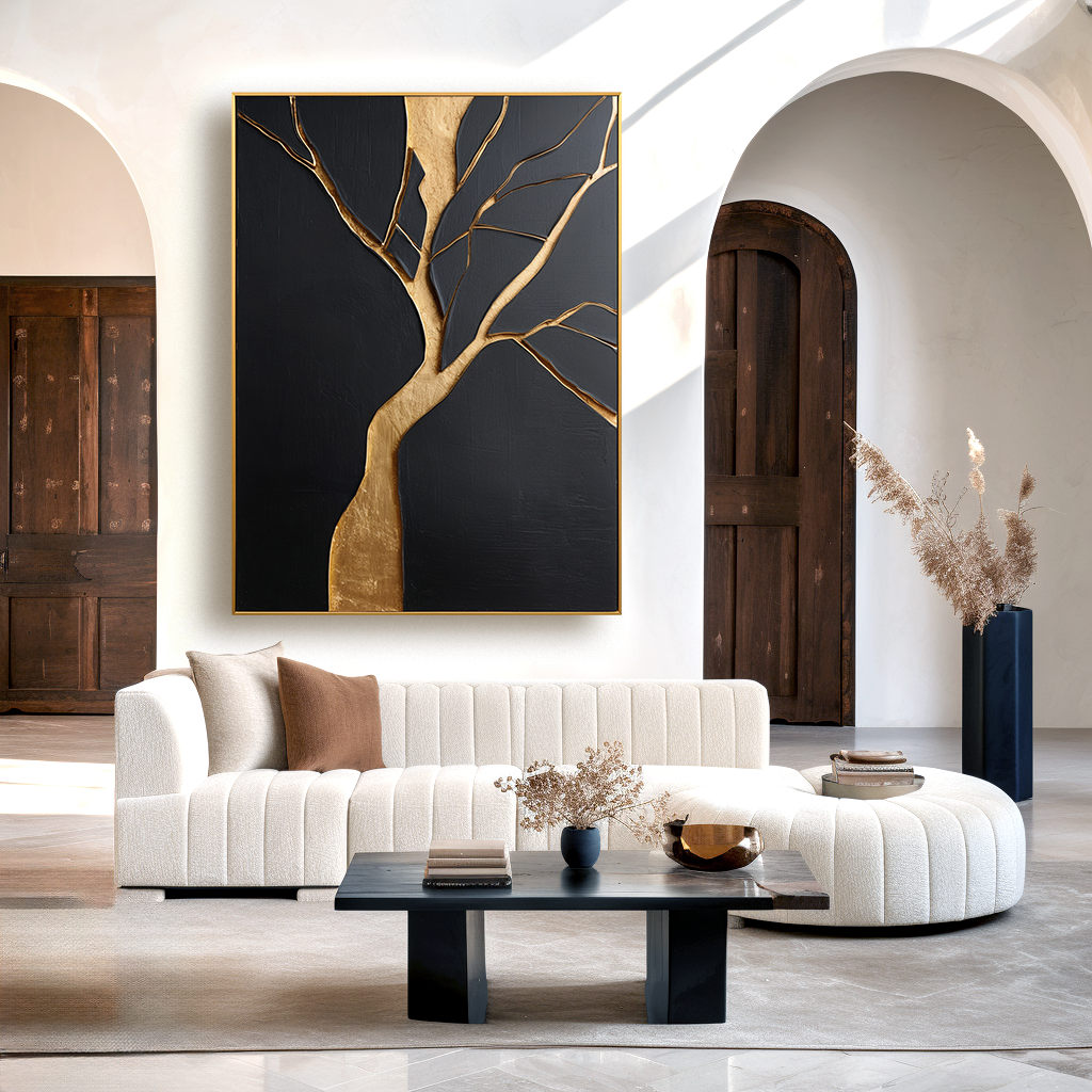 Vertical abstract gold tree painting with strong trunk on black textured background