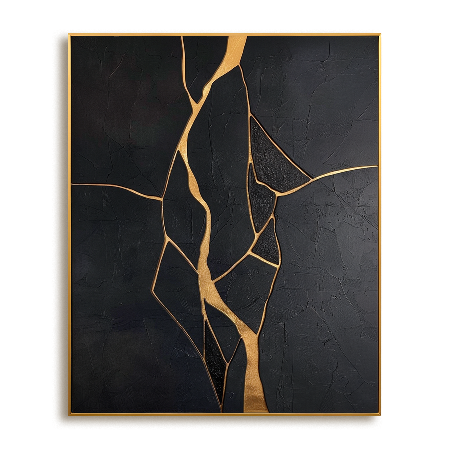 Vertical abstract black and gold textured painting with flowing golden crack lines