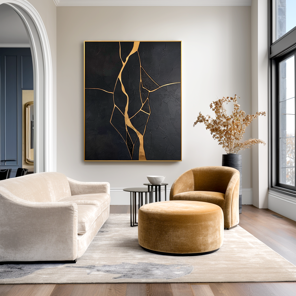 Vertical abstract black and gold textured painting with flowing golden crack lines