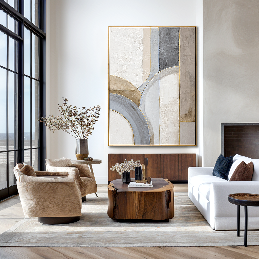 Neutral abstract textured wall art with soft curved shapes in beige and gray tones