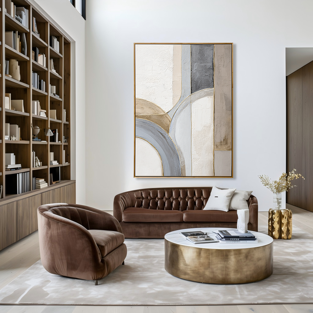 Neutral abstract textured wall art with soft curved shapes in beige and gray tones
