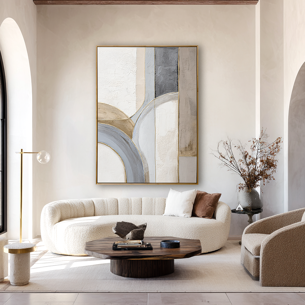 Neutral abstract textured wall art with soft curved shapes in beige and gray tones