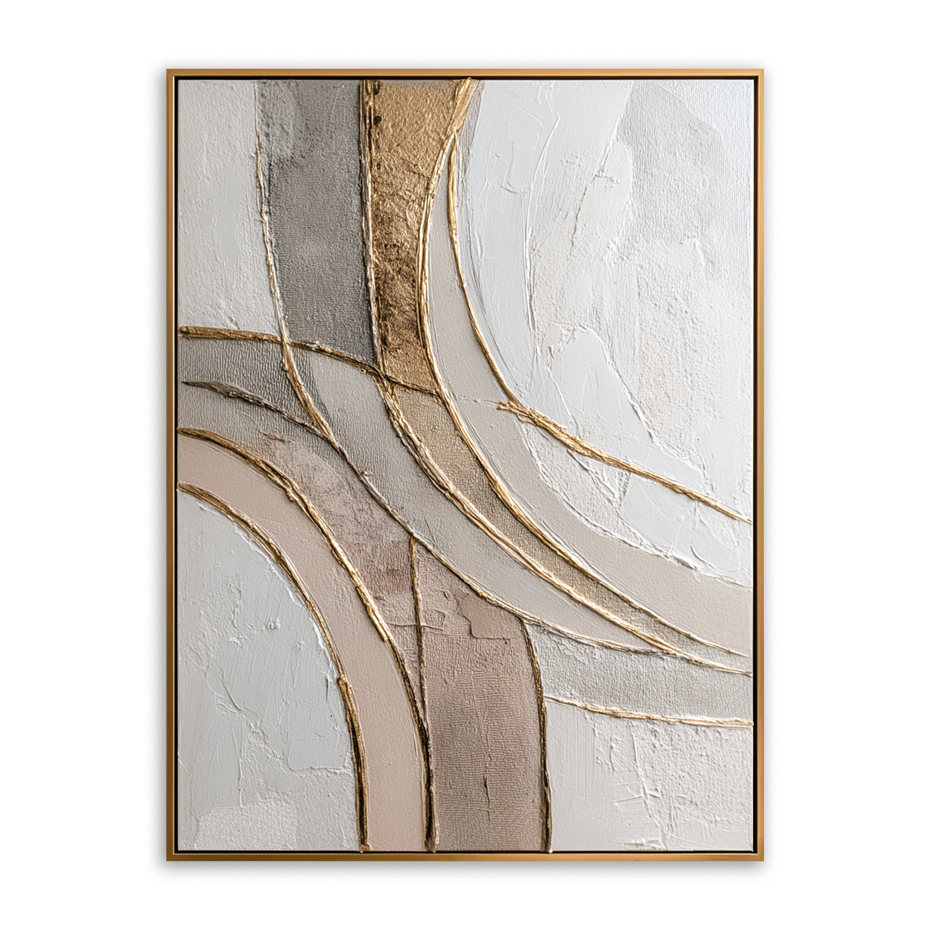 Neutral abstract textured wall art with soft curved gold lines on a light background