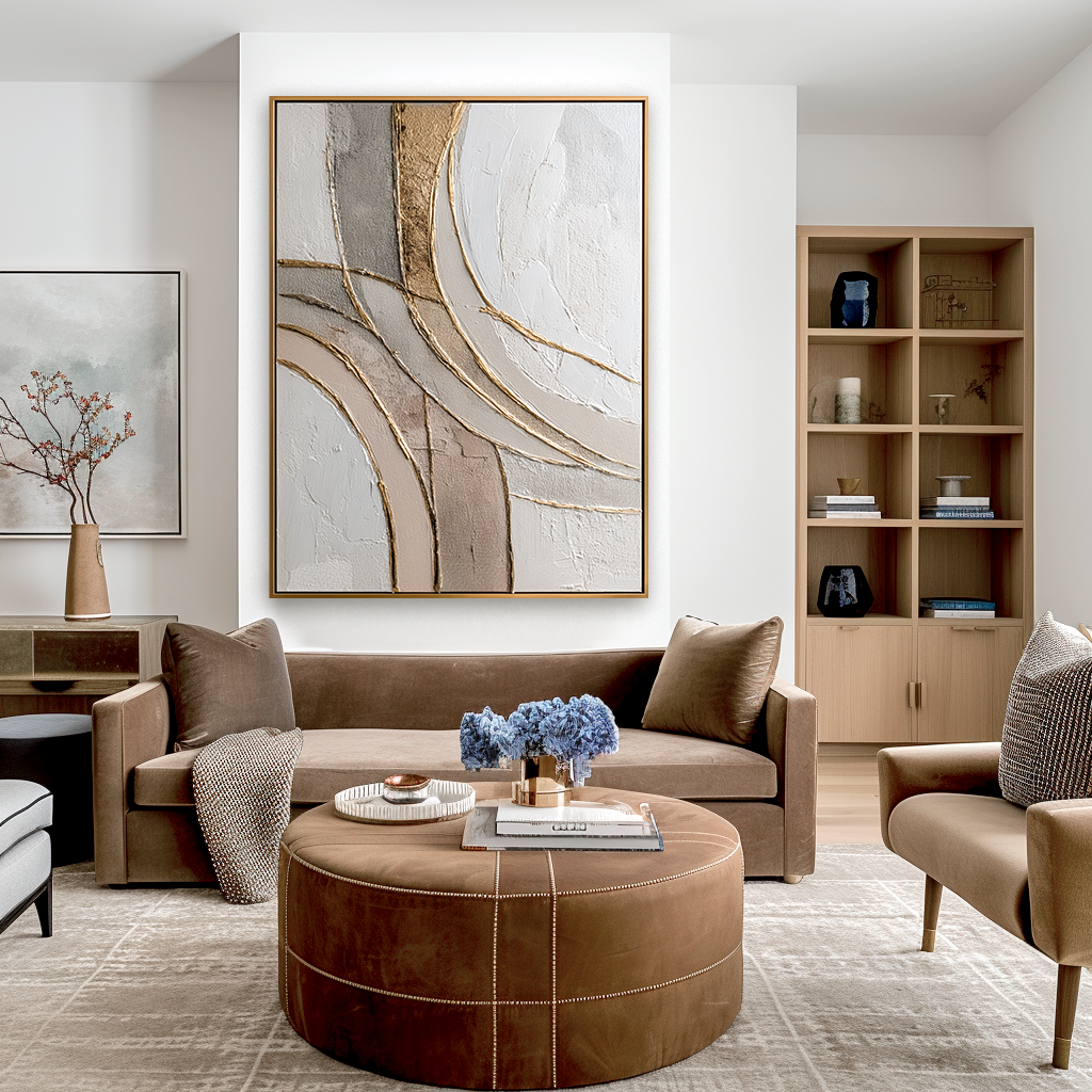 Neutral abstract textured wall art with soft curved gold lines on a light background