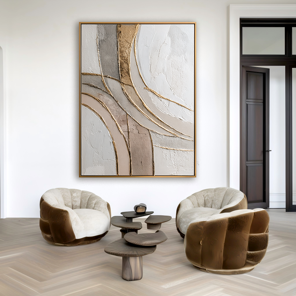 Neutral abstract textured wall art with soft curved gold lines on a light background