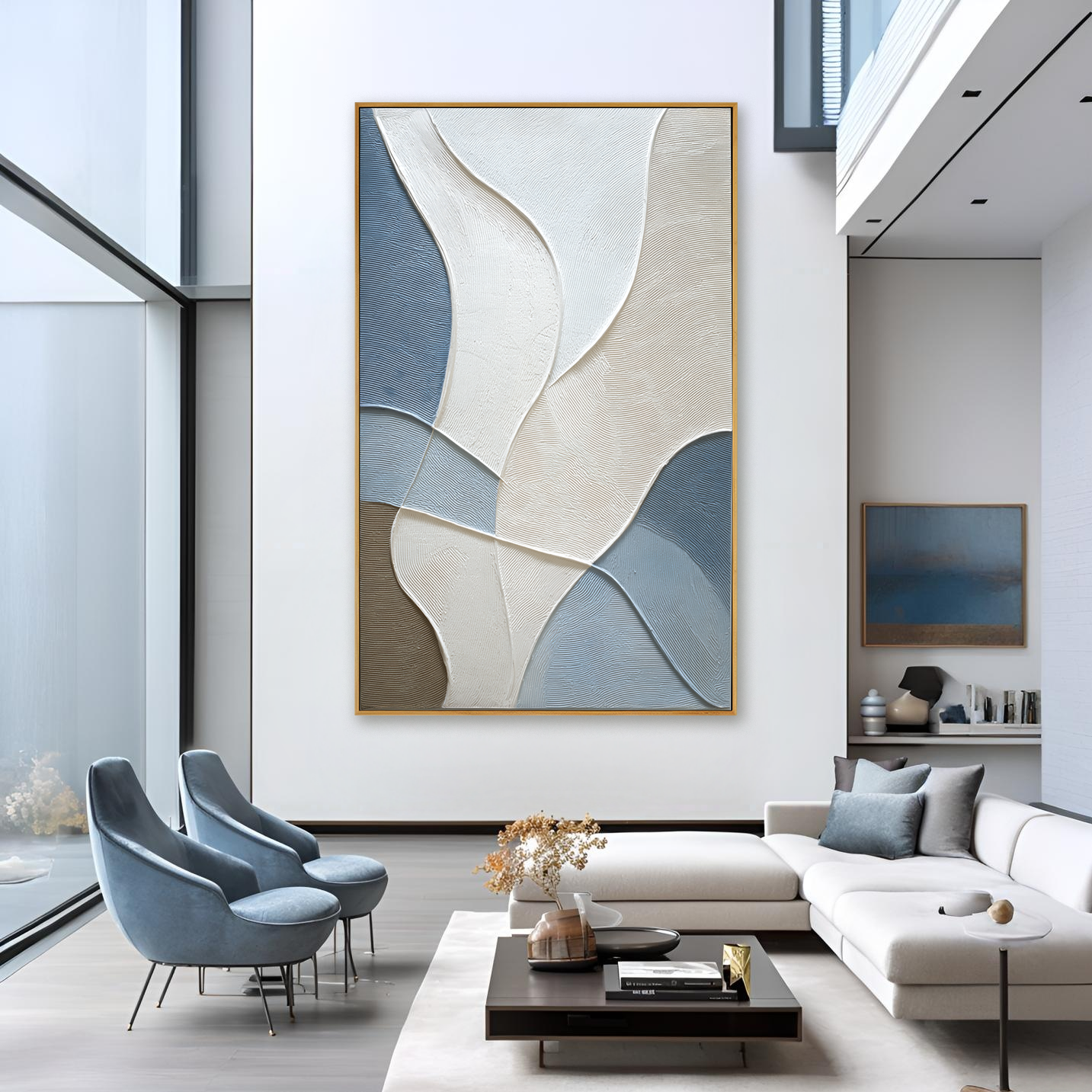 Blue and beige abstract textured wall art with soft flowing lines