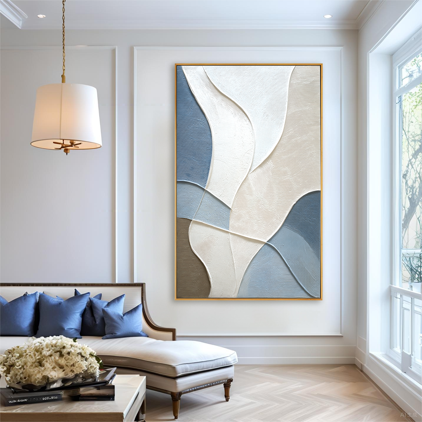 Blue and beige abstract textured wall art with soft flowing lines