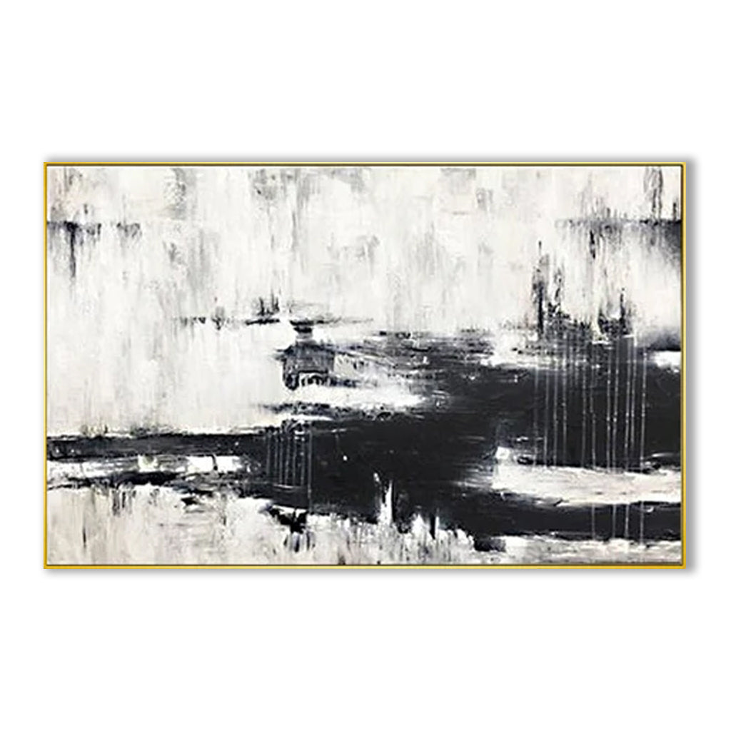 Black and White Abstract Oil Painting: Minimalist Wall Decor