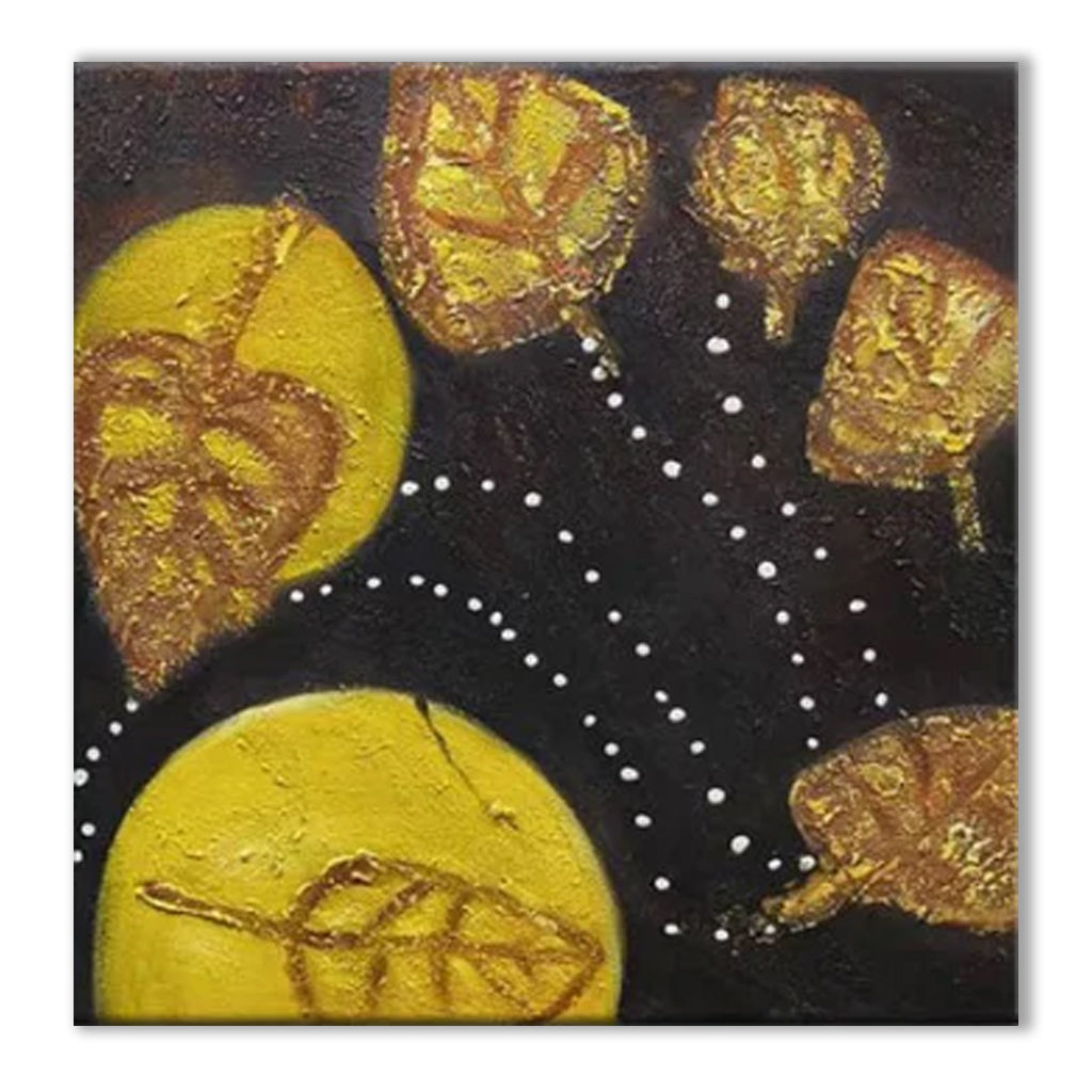 Floating Leaves-Handmade Golden Leaf Abstract Oil Painting - Modern Art Wall Decor for Home Decoration