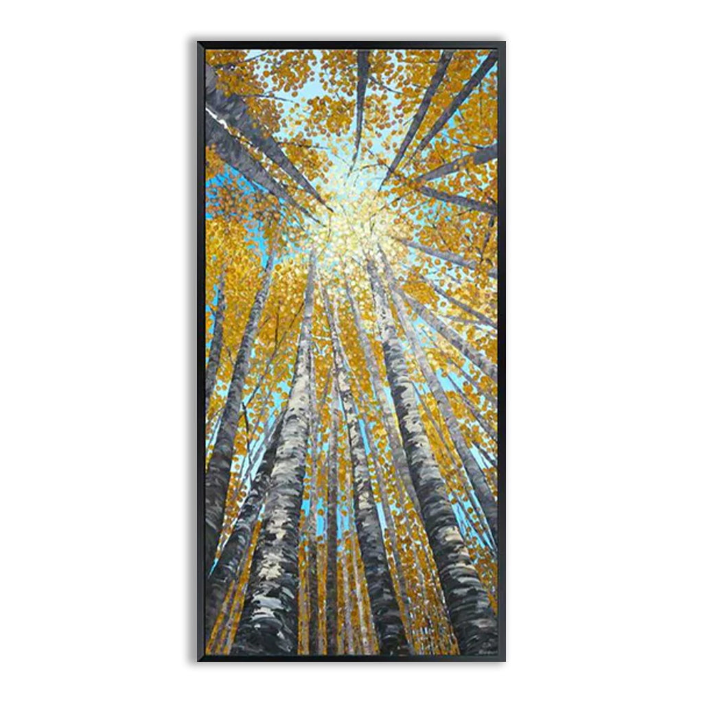 Sunshine-Autumn Birch Tree Forest Oil Painting,Vertical Wall Art with Sunlight Through Treetops for Home Decor