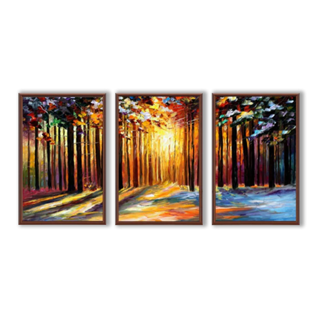Ray of Hope-Forest Triptych Painting with Sunlight and Trees for Modern Interiors