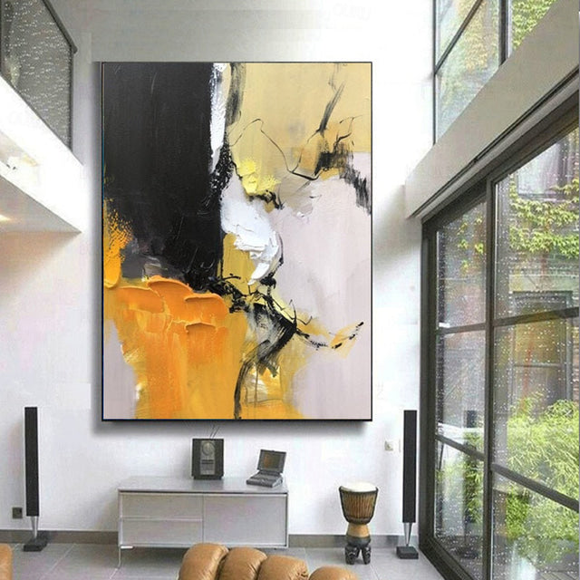 Bold Abstract Oil Painting in Black and Yellow