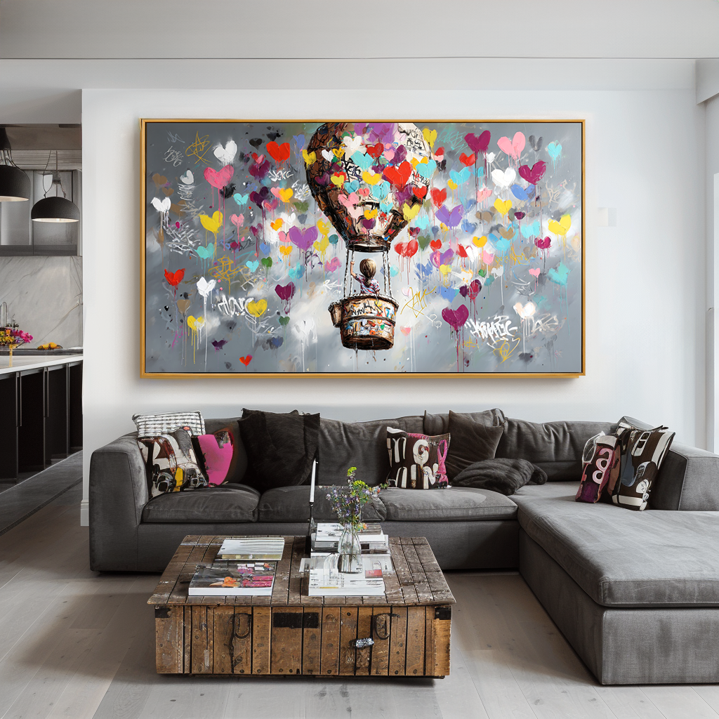 Colorful hot air balloon wall art with hearts floating in the sky