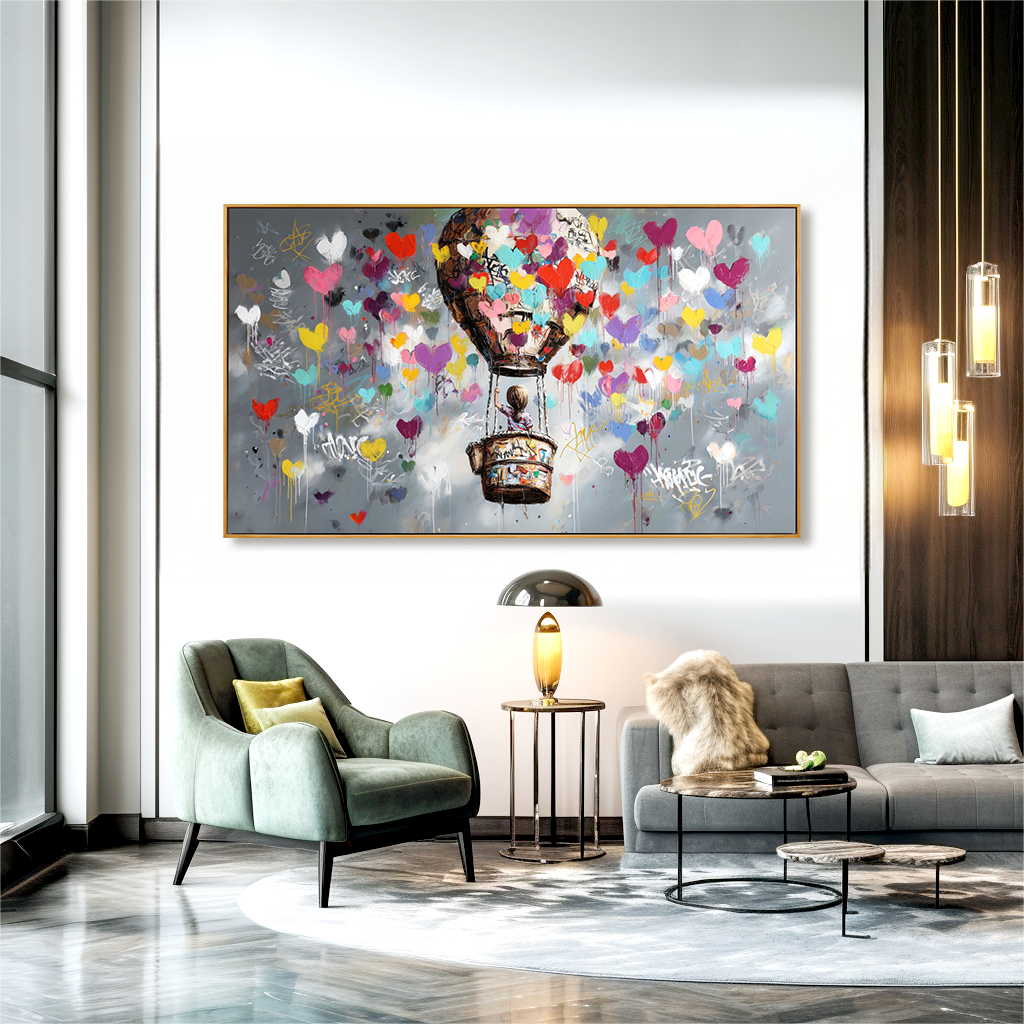 Colorful hot air balloon wall art with hearts floating in the sky