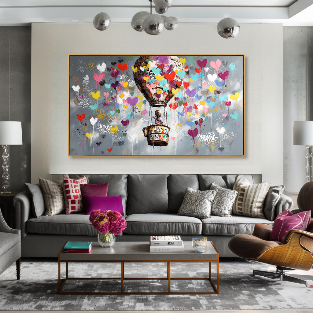 Colorful hot air balloon wall art with hearts floating in the sky