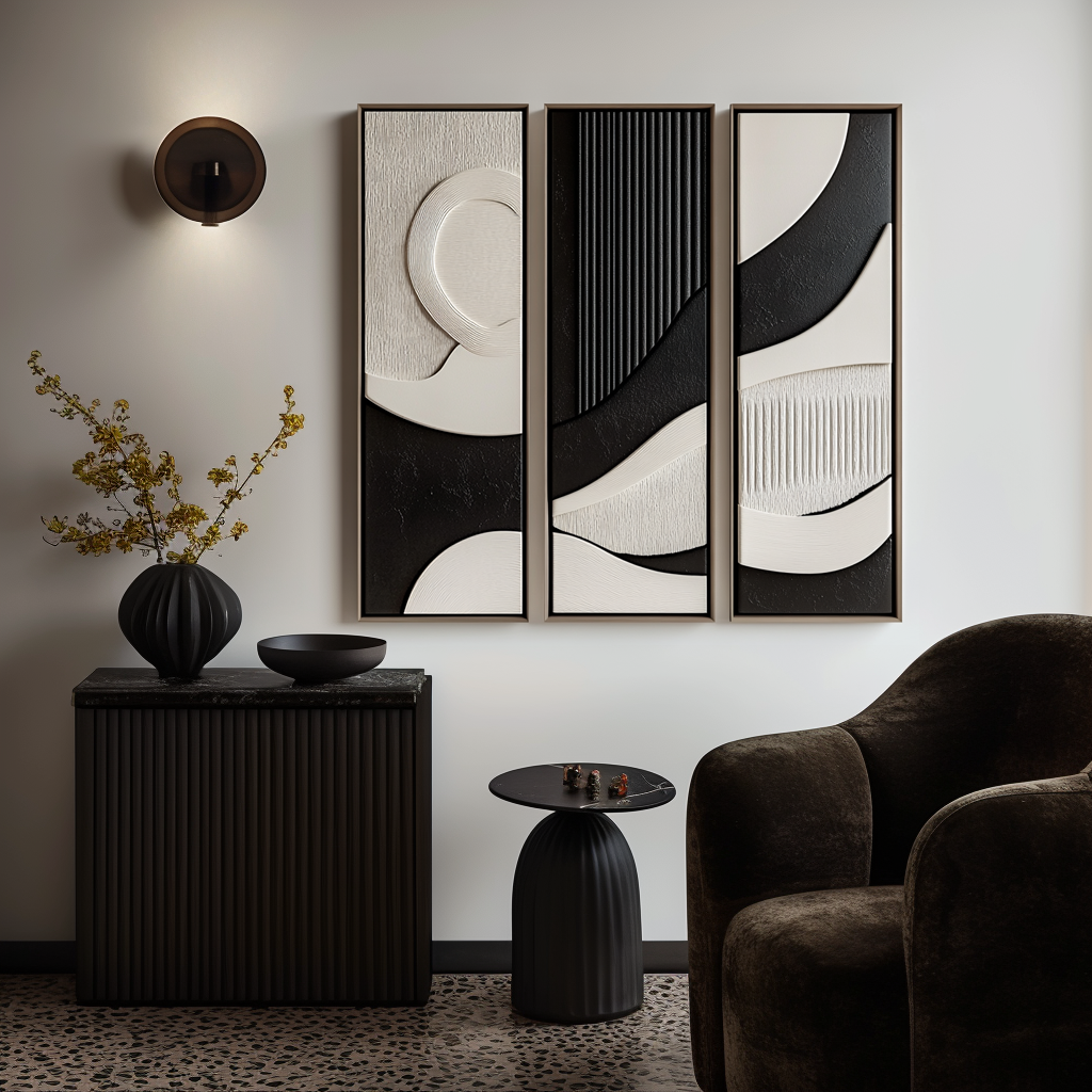 Echoes of Silence-Geometric Textured 3-Panel Wall Art Set, Black and White Minimalist Modern Decor