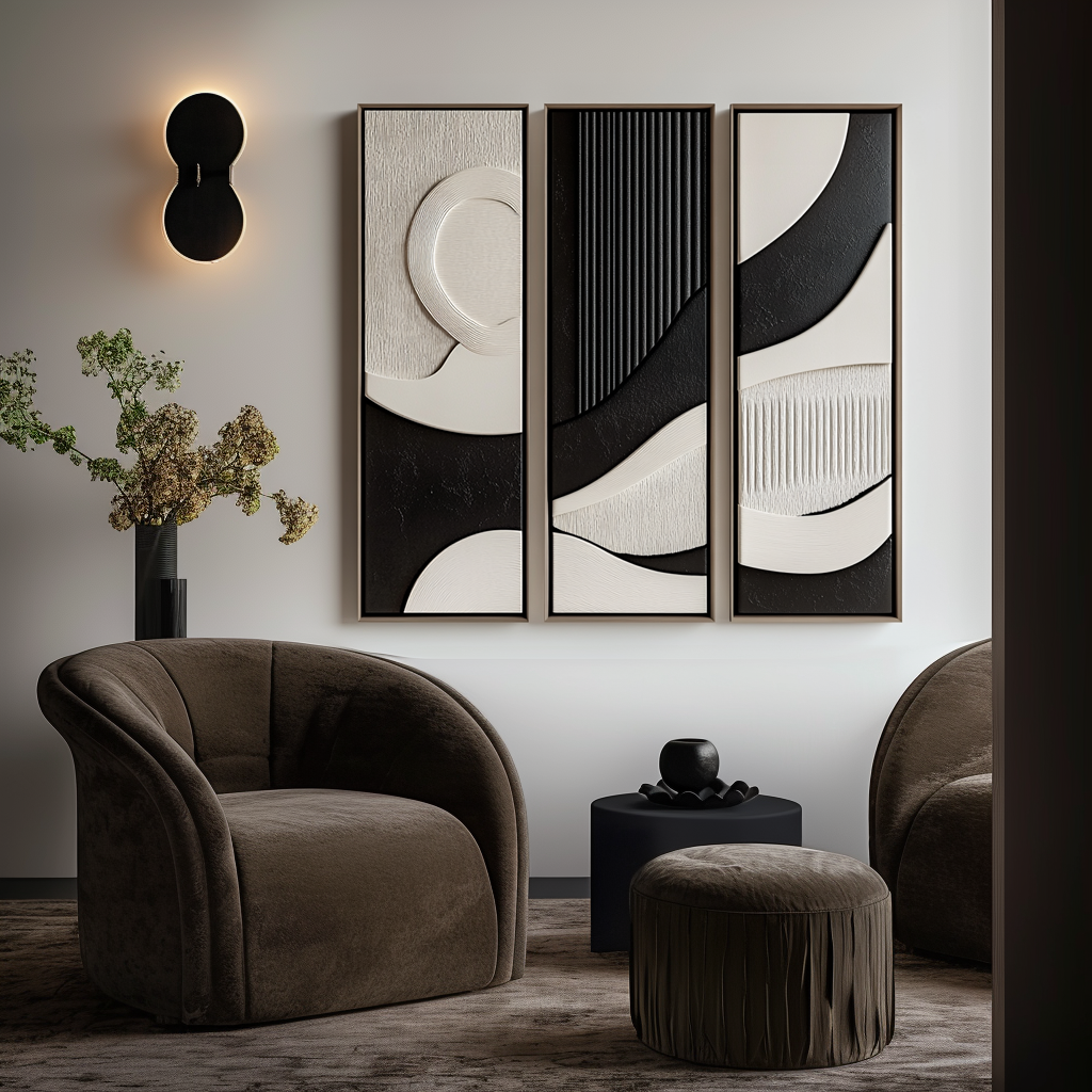 Echoes of Silence-Geometric Textured 3-Panel Wall Art Set, Black and White Minimalist Modern Decor