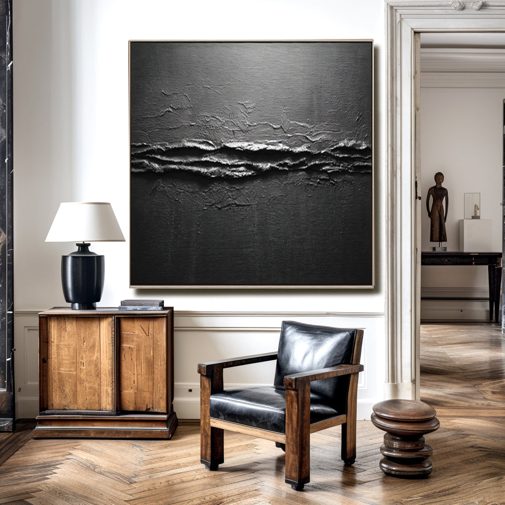 Textured Abstract Black Oil Painting - Modern Wall Art for Home