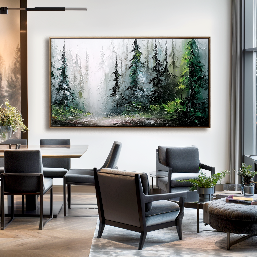 Panoramic Forest Landscape Oil Painting - Large Misty Nature Wall Art