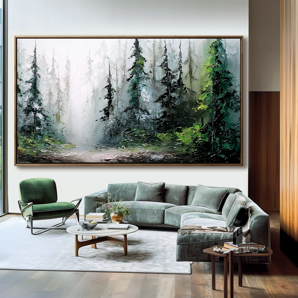 Panoramic Forest Landscape Oil Painting - Large Misty Nature Wall Art