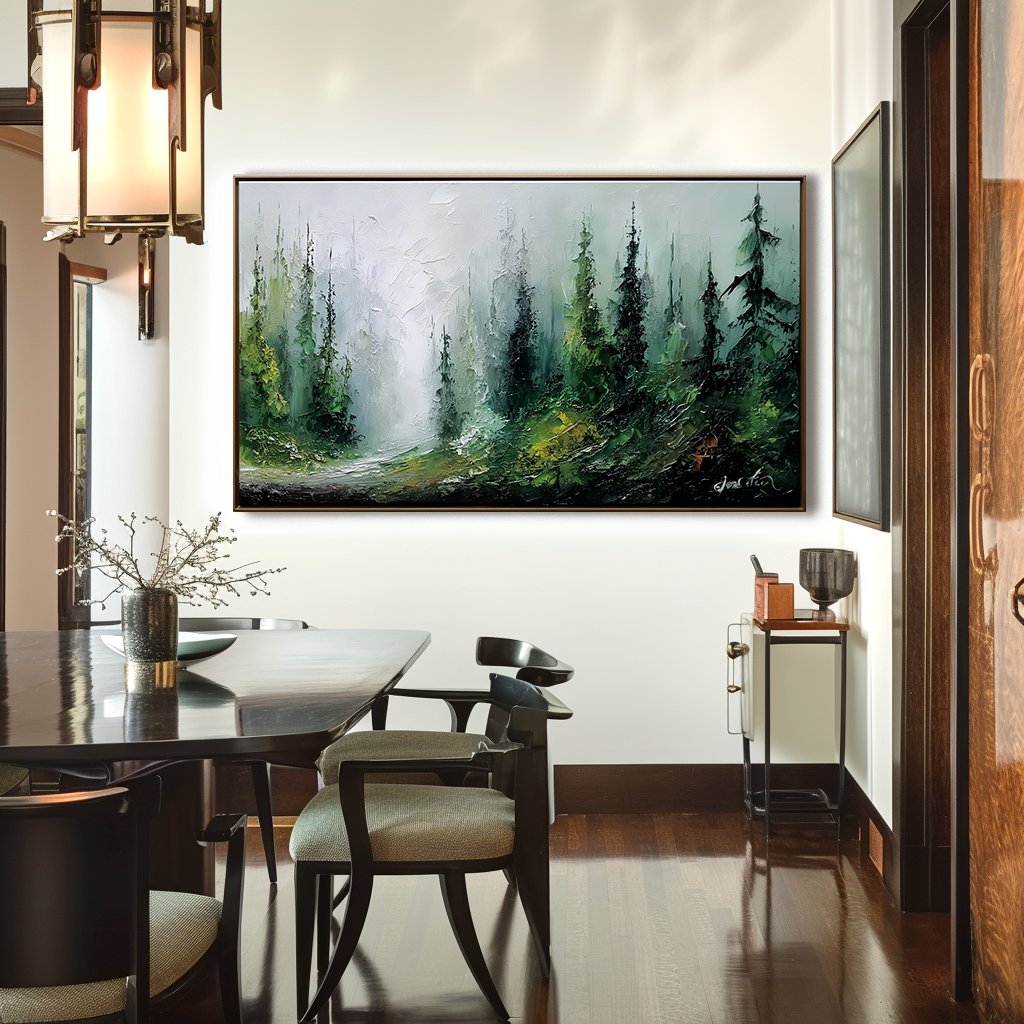 Wide Forest Landscape Oil Painting - Large Misty Nature Canvas Wall Art