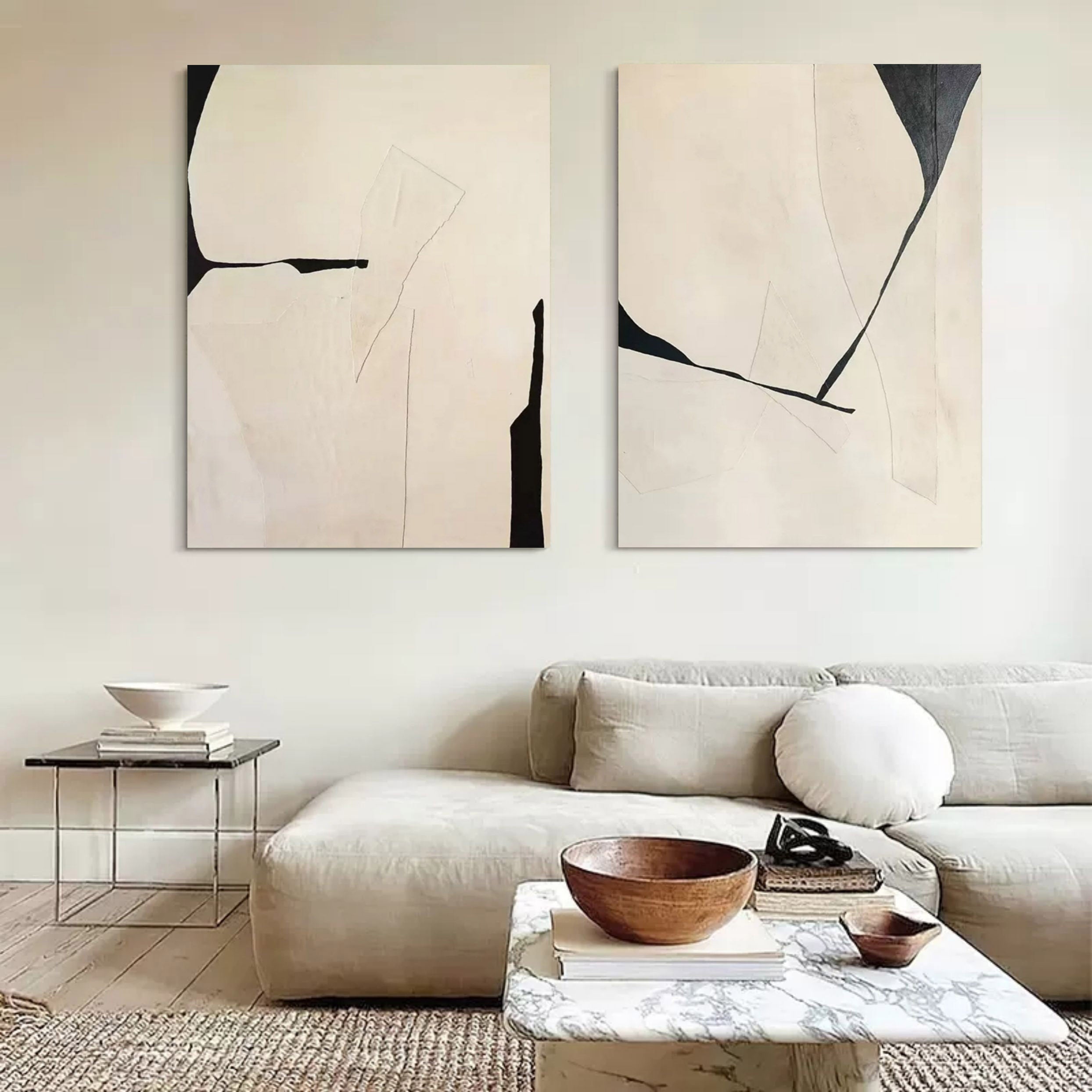 Neutral Elegance: Dual Abstract Canvas