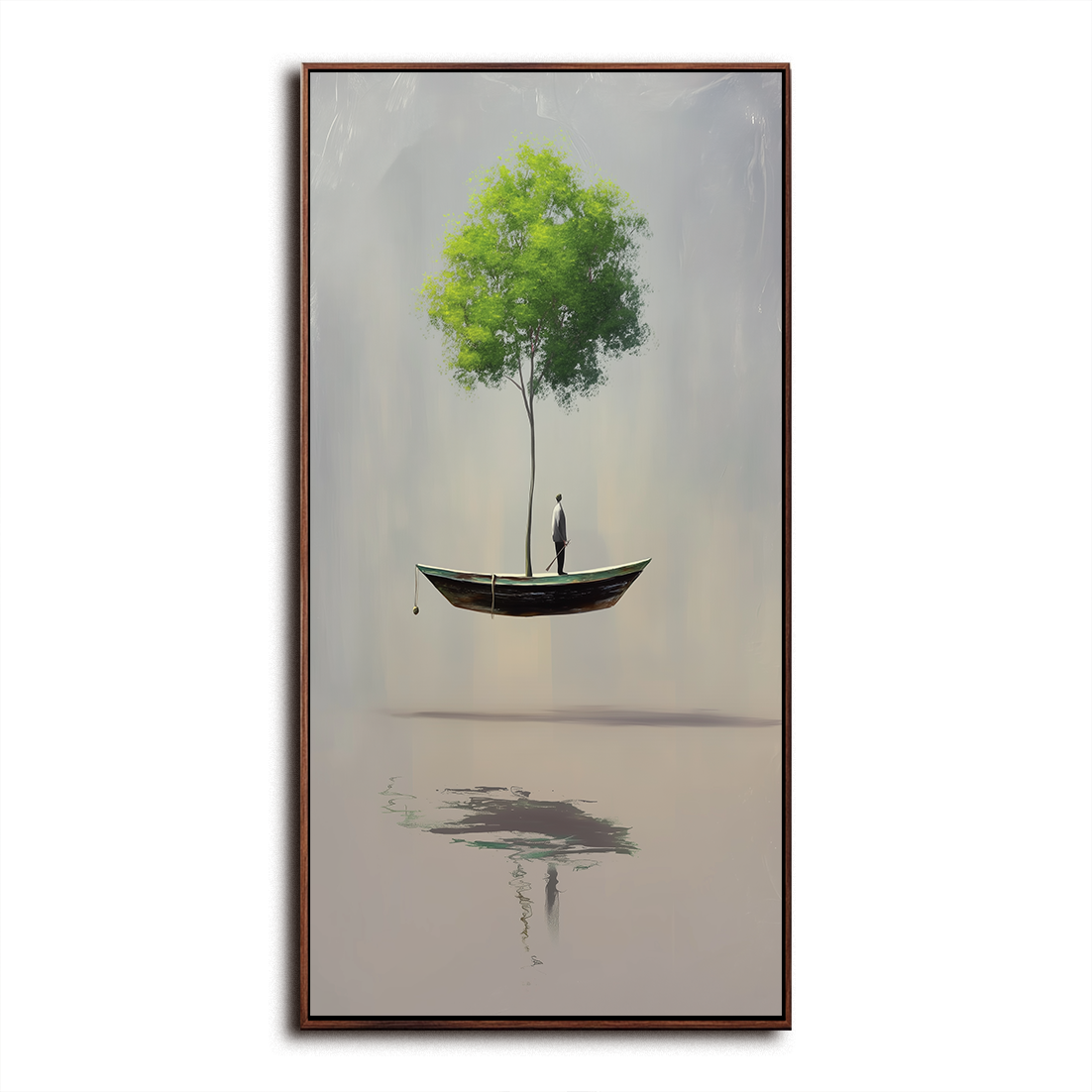 The Rooted Drift – Surreal Floating Tree and Boat Painting Minimalist Conceptual Art