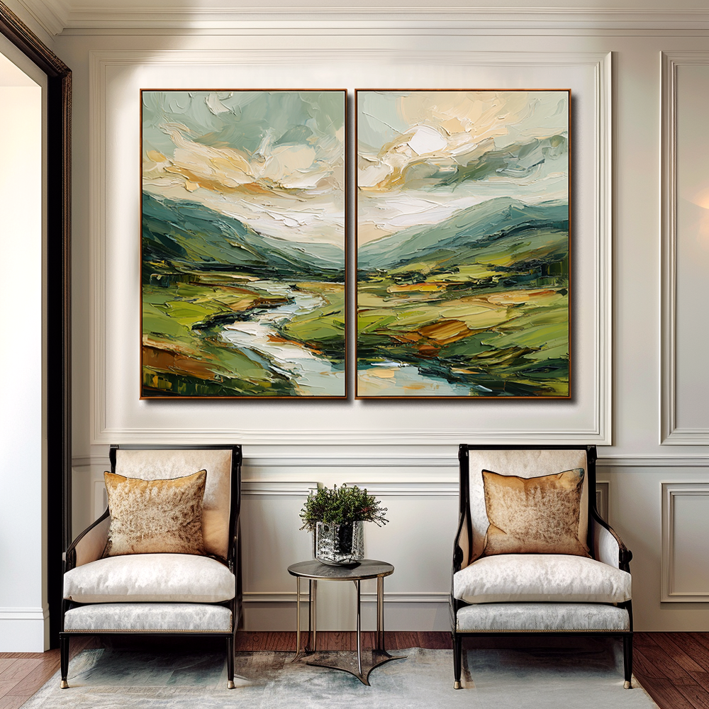 Golden Valley Abstract Landscape Diptych – Textured Two-Panel Canvas ...