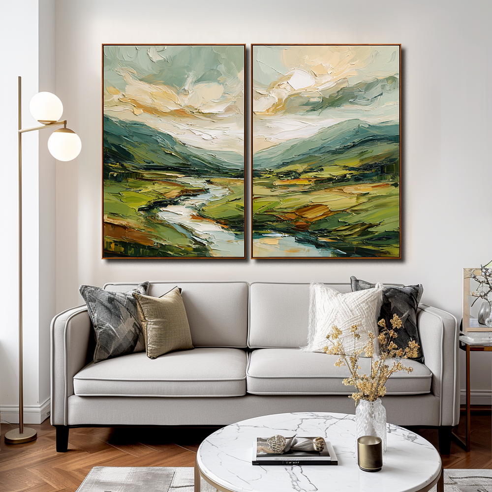 Golden Valley Abstract Landscape Diptych – Textured Two-Panel Canvas ...