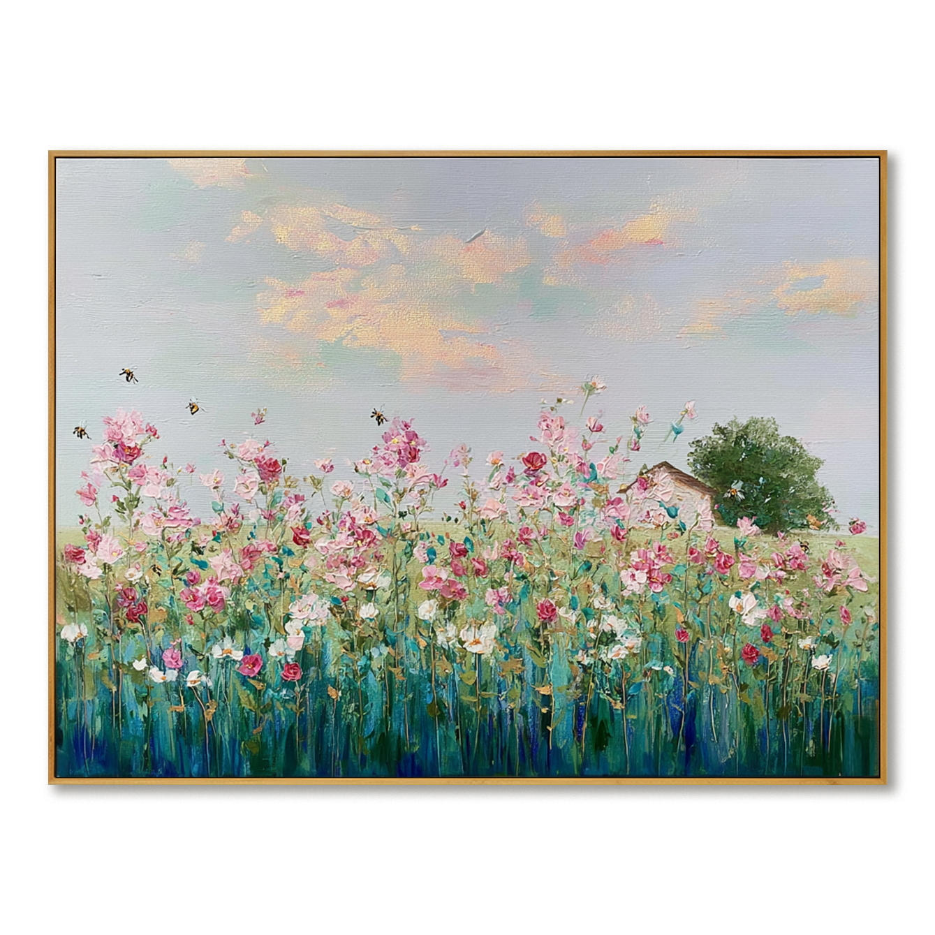 Floral Bliss – Hand-painted Textured Oil Painting, Vibrant Flower Garden with Bees