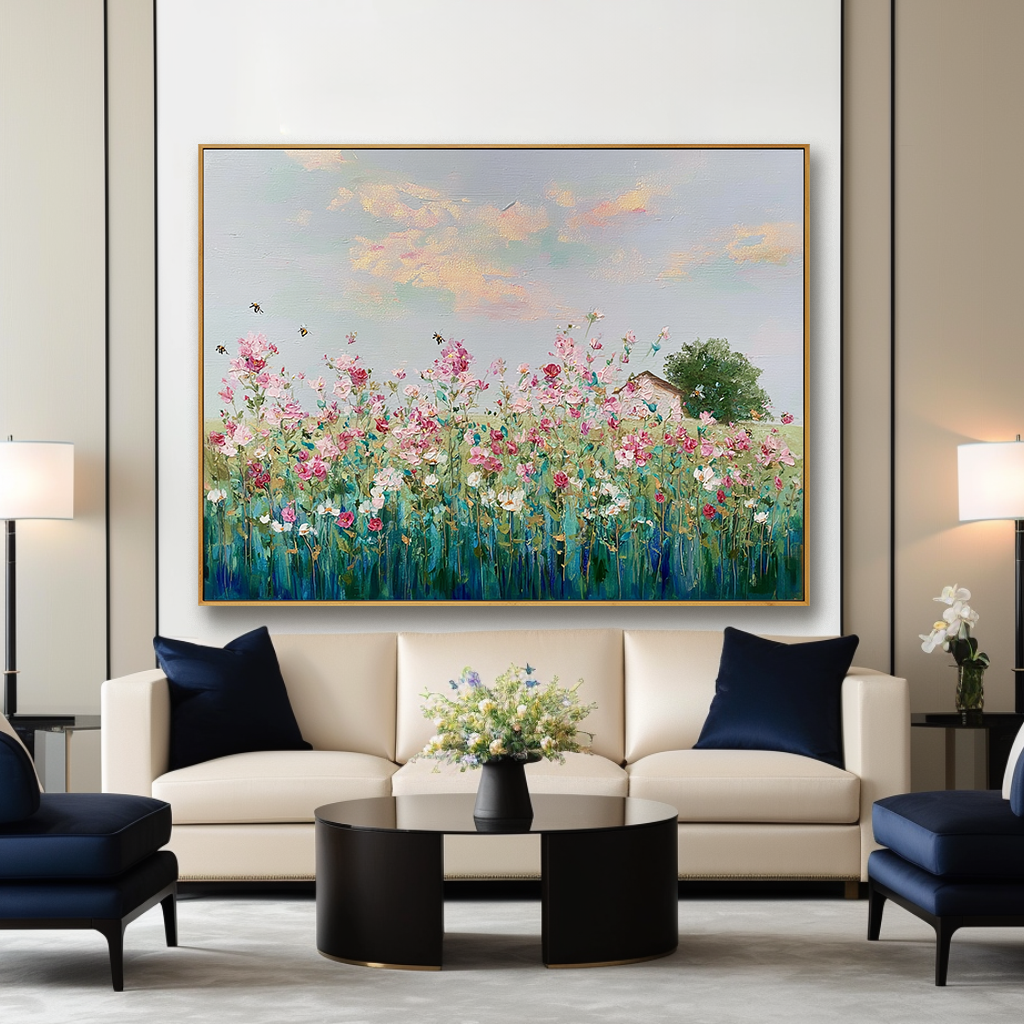 Floral Bliss – Hand-painted Textured Oil Painting, Vibrant Flower Garden with Bees